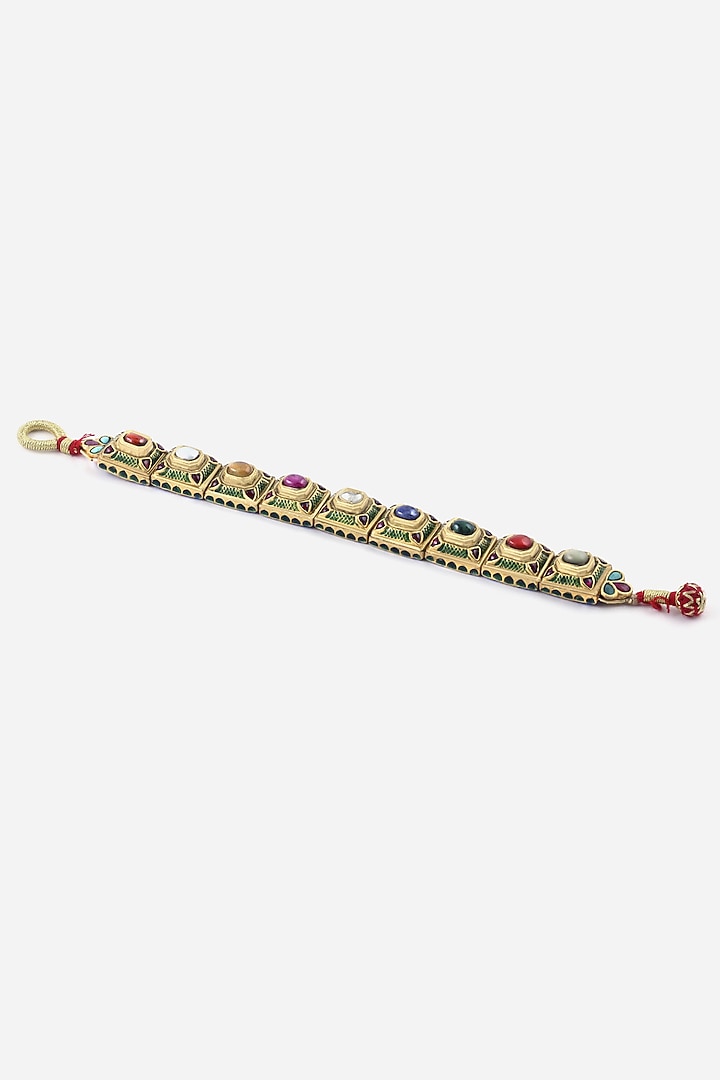 18kt Yellow Gold Finish Kundan Polki & Navratna Stone Bracelet by Nornament at Pernia's Pop Up Shop