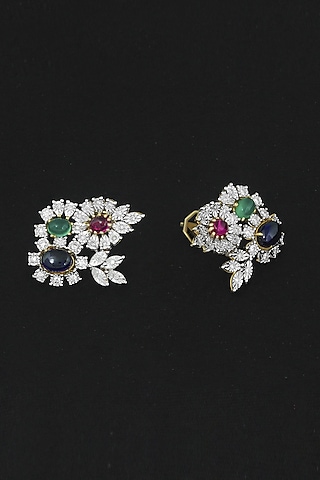 18kt White Rhodium Finish Diamond & Blue Stone Stud Earrings by Nornament