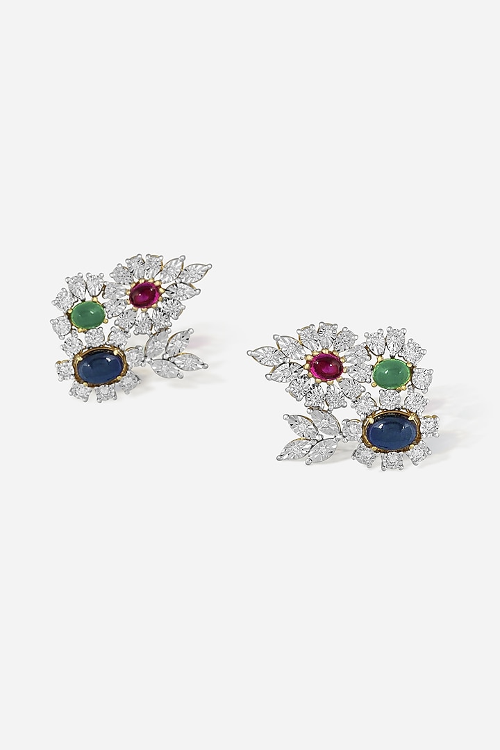18kt White Rhodium Finish Diamond & Blue Stone Stud Earrings by Nornament at Pernia's Pop Up Shop