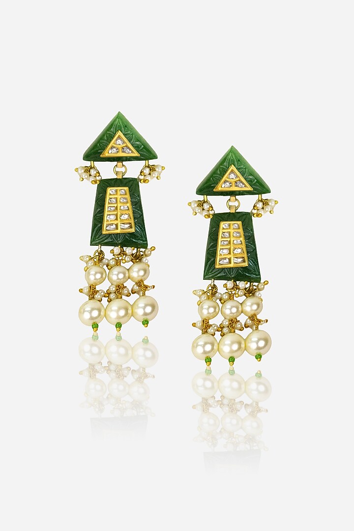18kt Yellow Gold Finish Kundan Polki & Pearl Dangler Earrings by Nornament at Pernia's Pop Up Shop