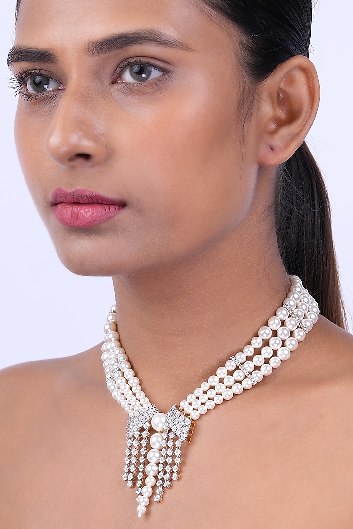 14kt Yellow Gold Finish Diamond & Pearl Necklace by Nornament at Pernia's Pop Up Shop