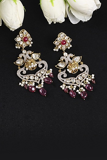 22kt Yellow Gold Finish Diamond & Red Kundan Polki Chandbali Earrings by Nornament  at Pernia's Pop Up Shop