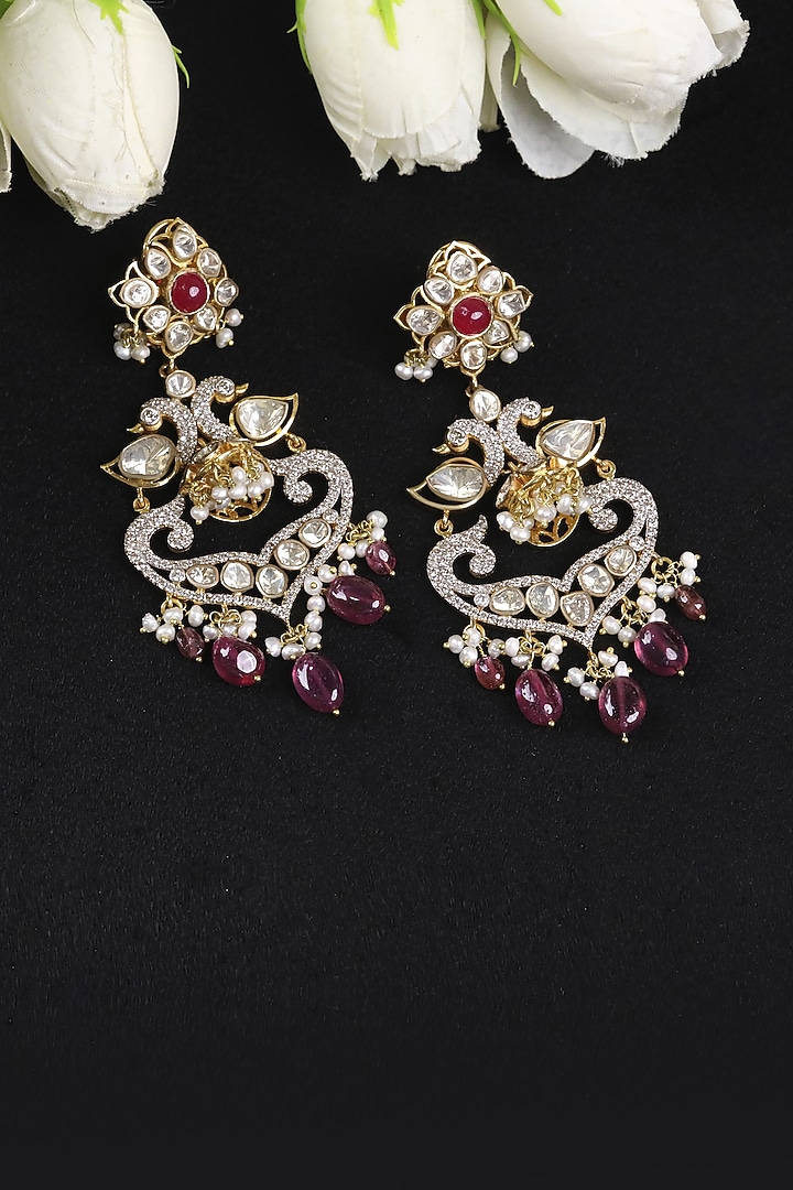 22kt Yellow Gold Finish Diamond & Red Kundan Polki Chandbali Earrings by Nornament at Pernia's Pop Up Shop
