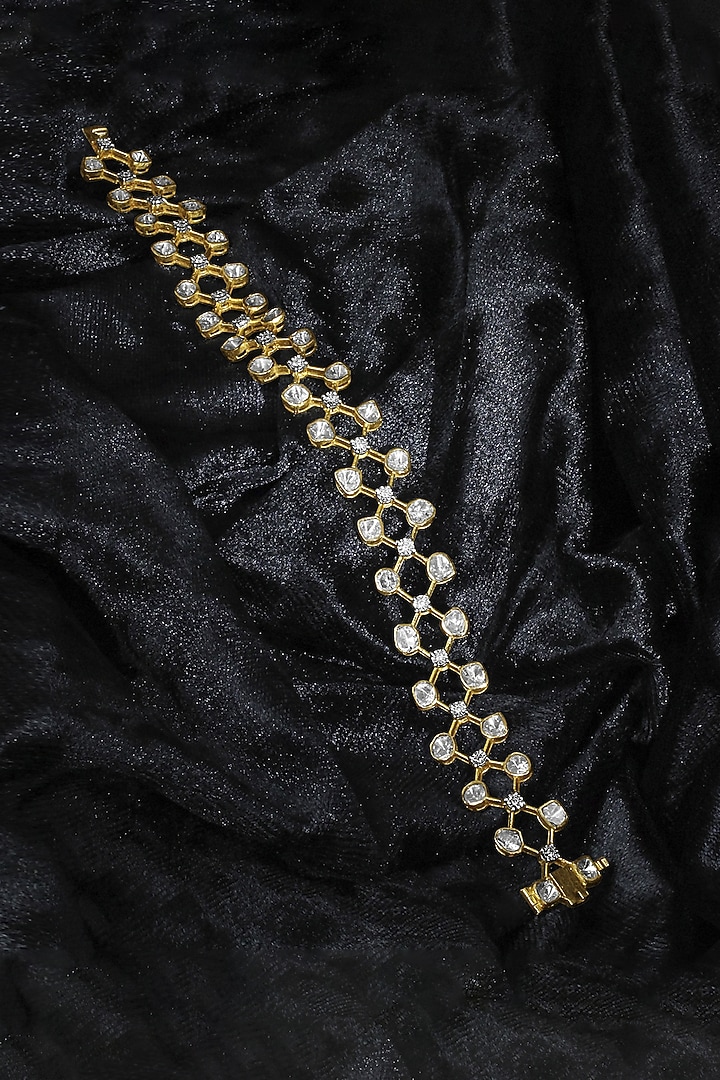 14kt Yellow Gold Finish Kundan Polki & Diamond Openable Bracelet by Nornament at Pernia's Pop Up Shop