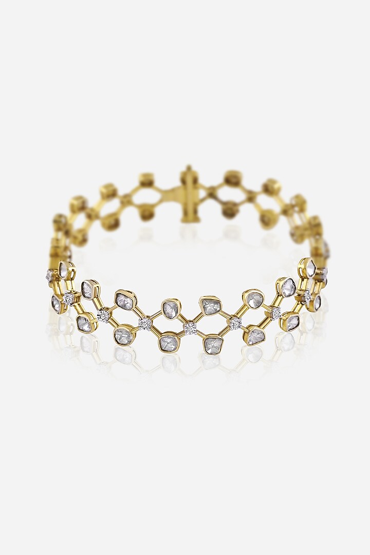14kt Yellow Gold Finish Kundan Polki & Diamond Openable Bracelet by Nornament at Pernia's Pop Up Shop