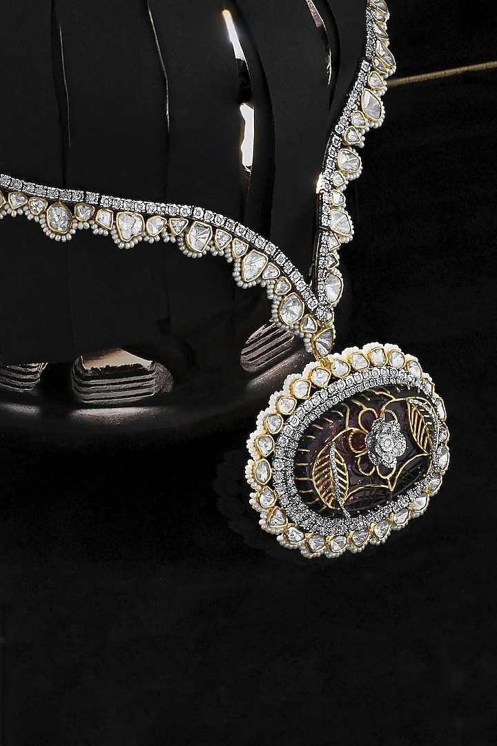 14kt Two-Tone Finish Kundan Polki & Diamond Enameled Pendant Necklace by Nornament at Pernia's Pop Up Shop