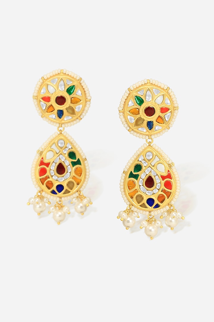 18kt Yellow Gold Finish Kundan Polki & Multi-Colored Stone Jadau Dangler Earrings by Nornament at Pernia's Pop Up Shop