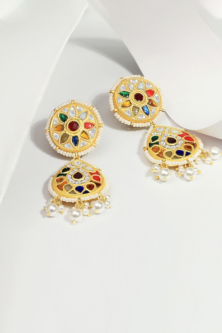 18kt Yellow Gold Finish Kundan Polki & Multi-Colored Stone Jadau Dangler Earrings by Nornament at Pernia's Pop Up Shop
