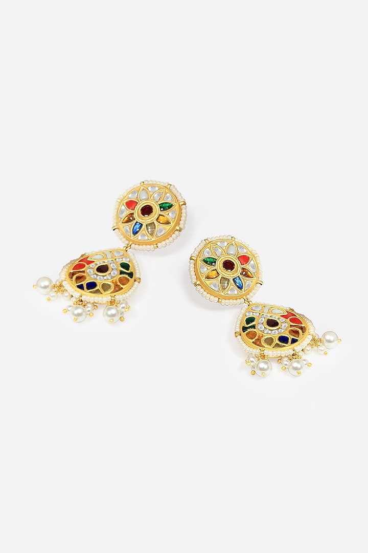 18kt Yellow Gold Finish Kundan Polki & Multi-Colored Stone Jadau Dangler Earrings by Nornament at Pernia's Pop Up Shop