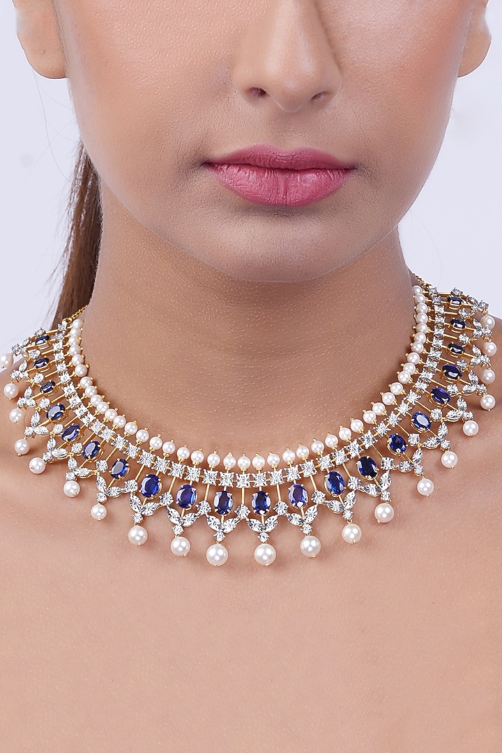 14kt Yellow Gold Finish Blue Gemstone & Diamond Collar Necklace by Nornament at Pernia's Pop Up Shop
