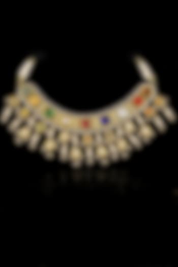 18kt Yellow Gold Finish Kundan Polki & Navratna Gemstones Necklace by Nornament at Pernia's Pop Up Shop