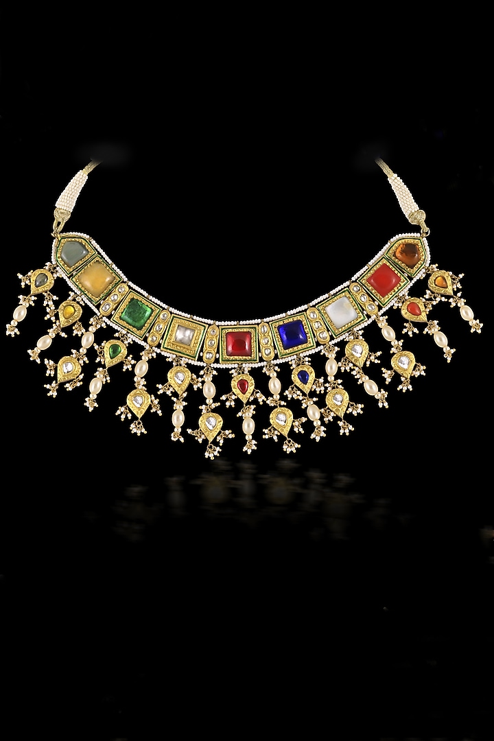 18kt Yellow Gold Finish Kundan Polki & Navratna Gemstones Necklace by Nornament at Pernia's Pop Up Shop