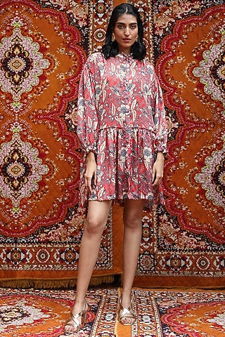 Red Satin Georgette Blend Dress by NORN INDIA