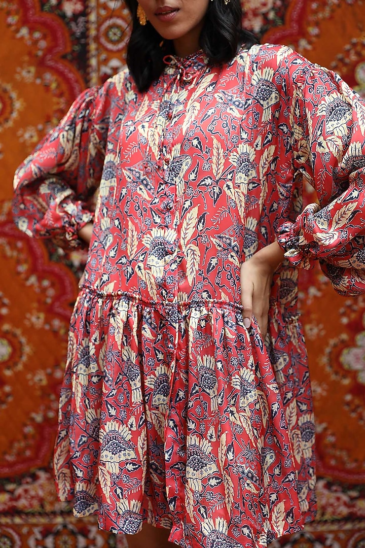 Red Satin Georgette Blend Summer Dress by NORN INDIA at Pernia's Pop Up Shop