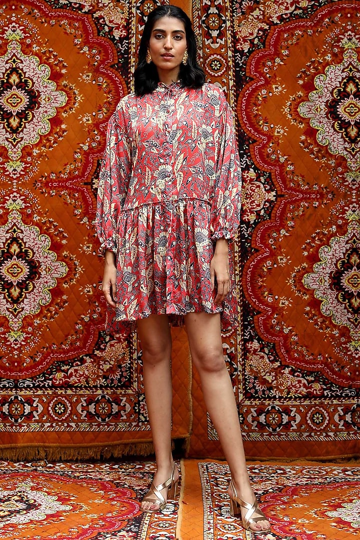 Red Satin Georgette Blend Summer Dress by NORN INDIA at Pernia's Pop Up Shop
