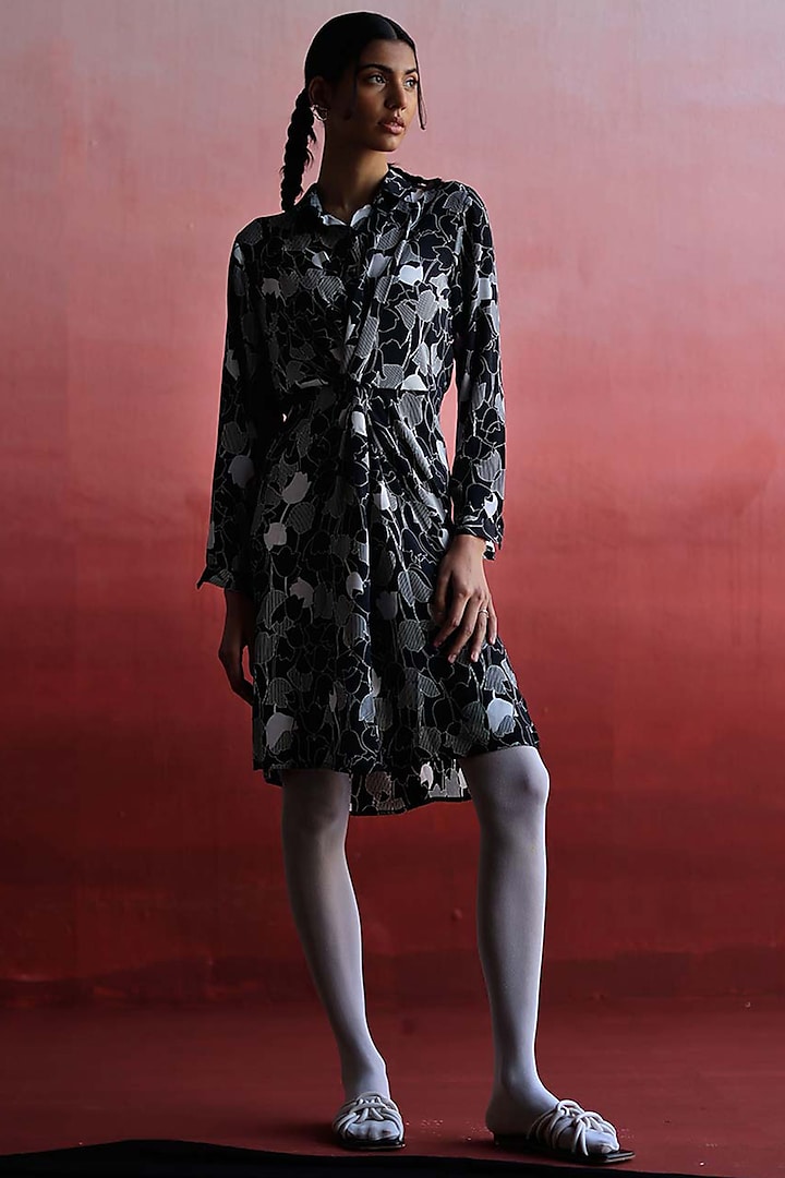 Black Satin Georgette Blend Shirt Dress by NORN INDIA