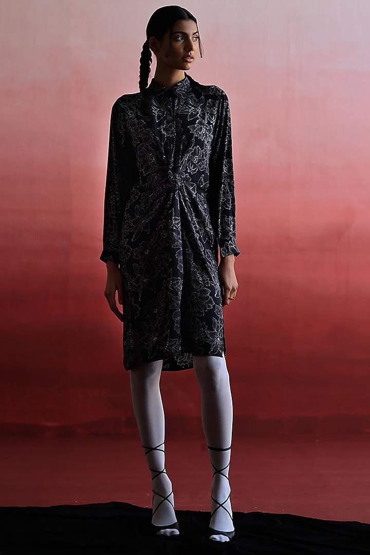 Black Satin Georgette Blend Shirt Dress by NORN INDIA