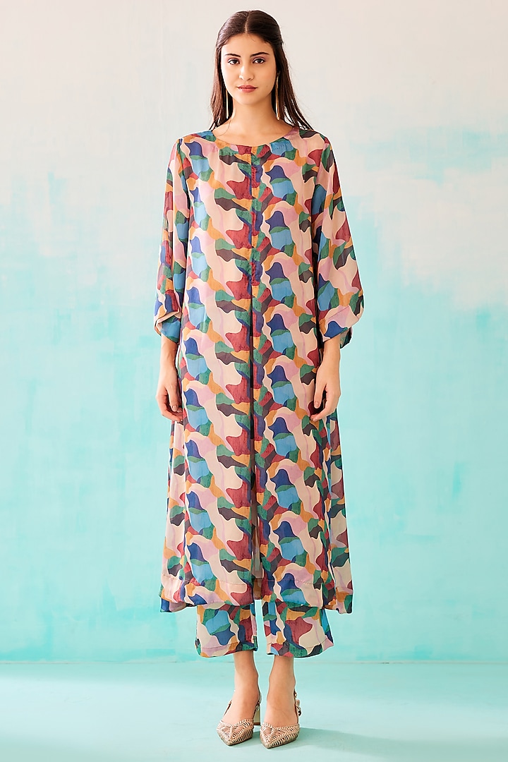Multi-Colored Satin Georgette Blend Printed Kurta by NORN INDIA