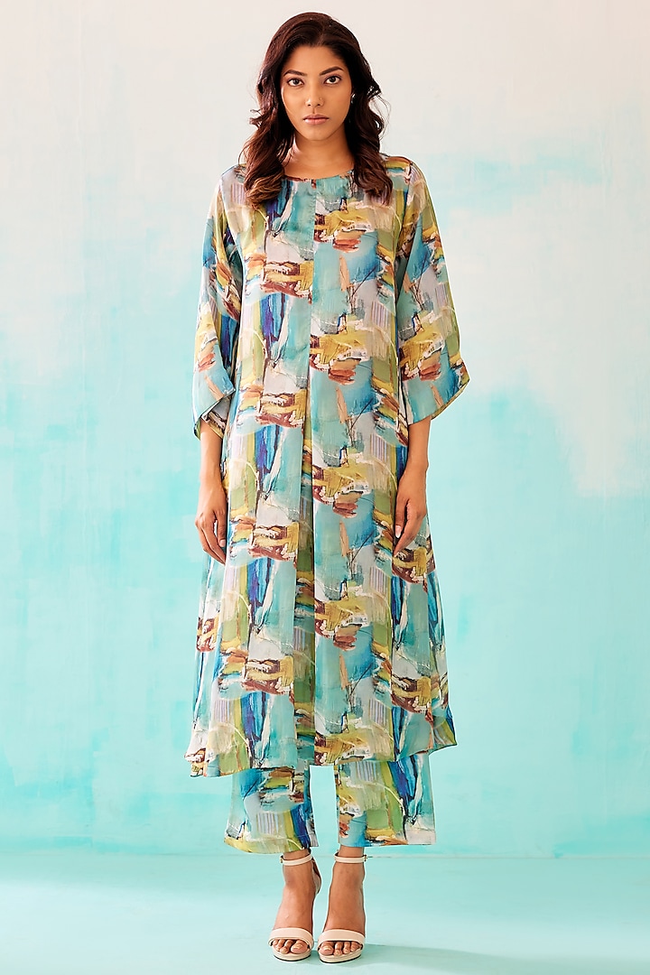 Multi-Colored Satin Georgette Blend Printed Kurta by NORN INDIA