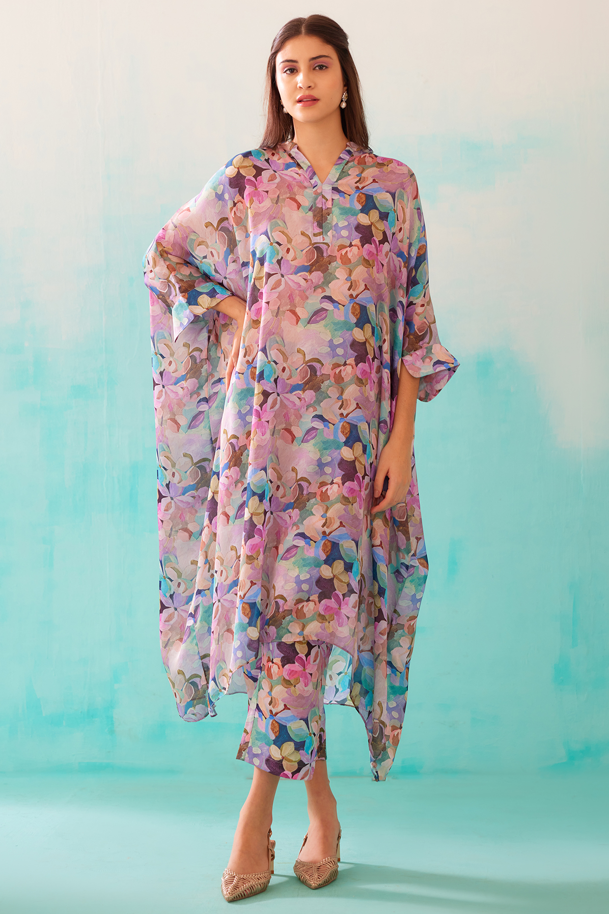 Multi-Colored Satin Georgette Blend Printed Kaftan by NORN INDIA at Pernia's Pop Up Shop