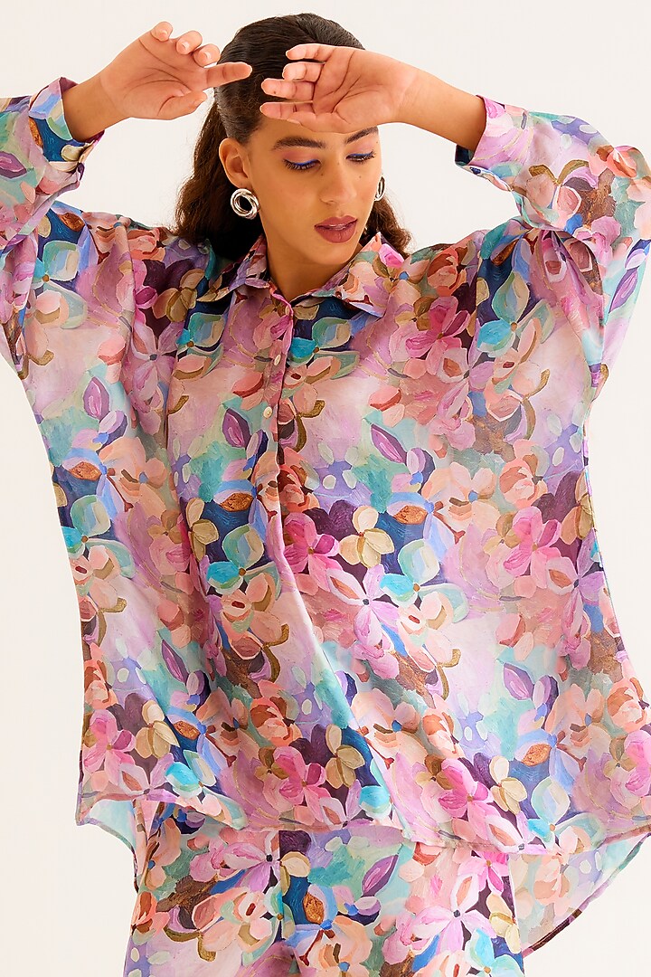 Multi-Colored Satin Georgette Blend Printed Shirt by NORN INDIA at Pernia's Pop Up Shop