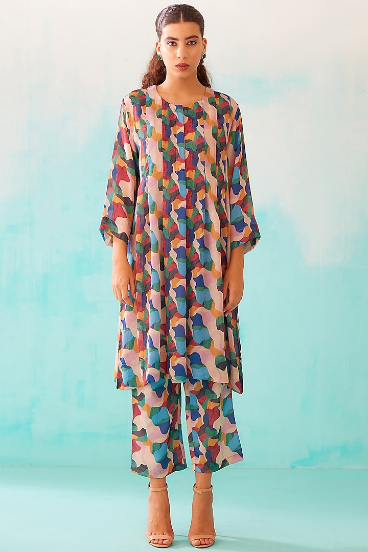 Multi-Colored Satin Georgette Blend Printed Tunic by NORN INDIA