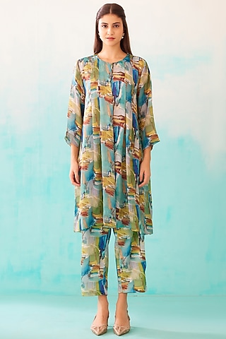 Multi-Colored Satin Georgette Blend Printed Tunic by NORN INDIA