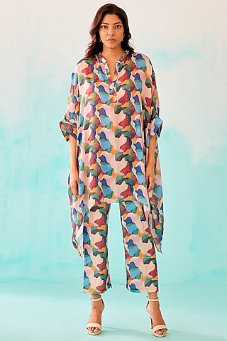 Multi-Colored Satin Georgette Blend Printed Kaftan by NORN INDIA