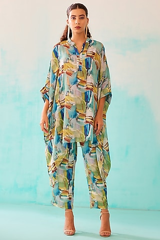 Multi-Colored Satin Georgette Blend Printed Kaftan by NORN INDIA