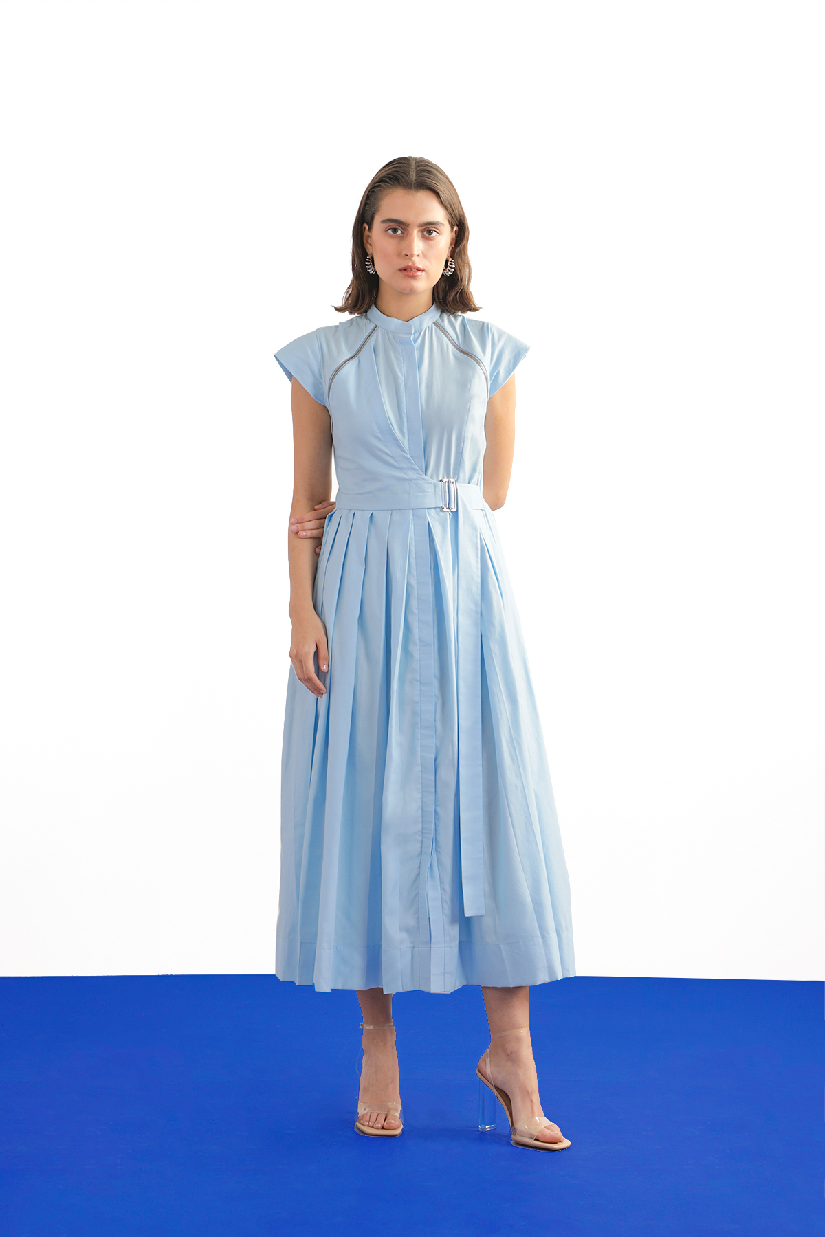 Sky Blue Cotton Poplin Pleated Midi Summer Dress by Notebook at Pernia's Pop Up Shop