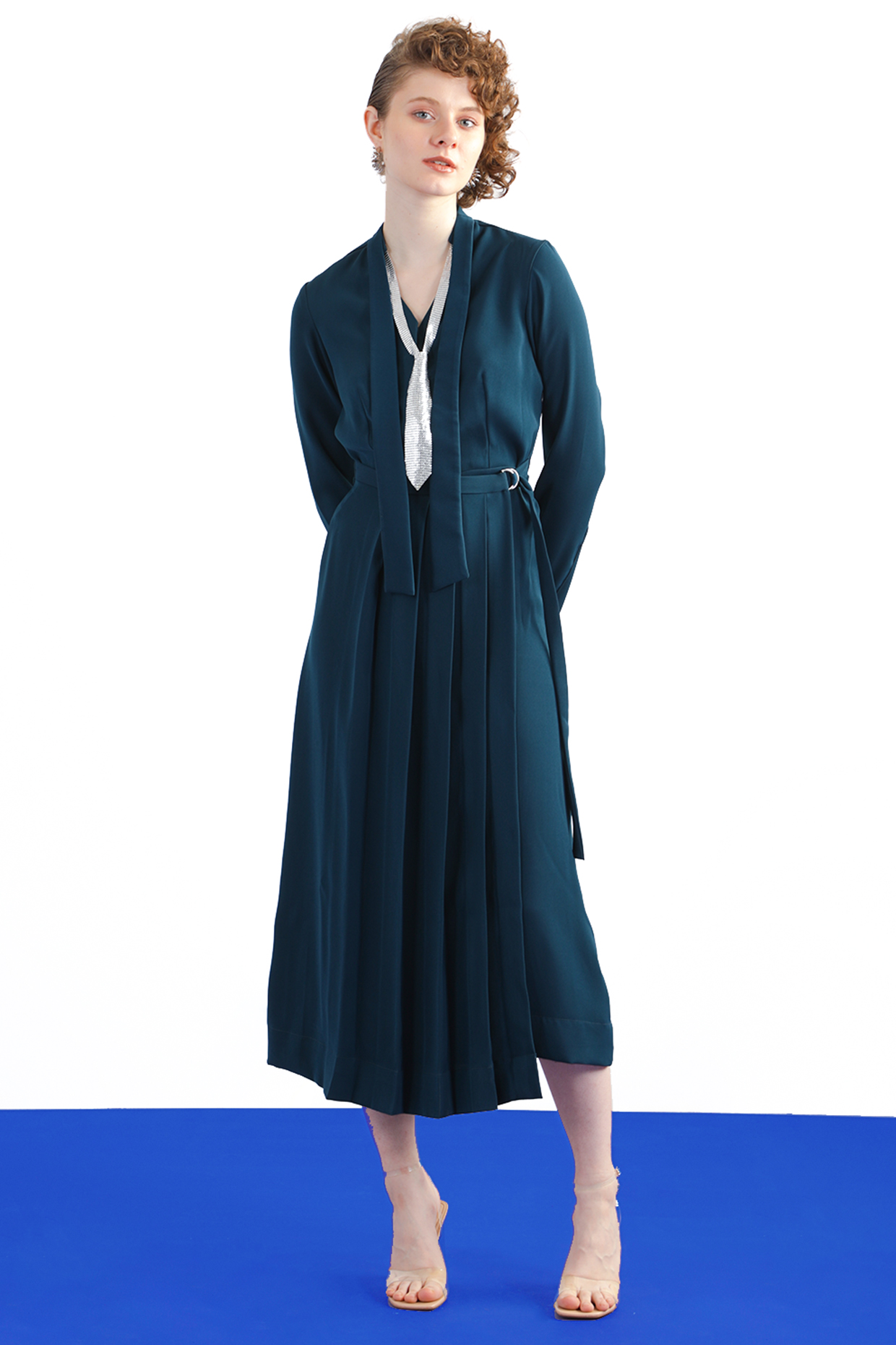 Prussian blue Japanese Crepe Pleated Midi Summer Dress by Notebook at Pernia's Pop Up Shop