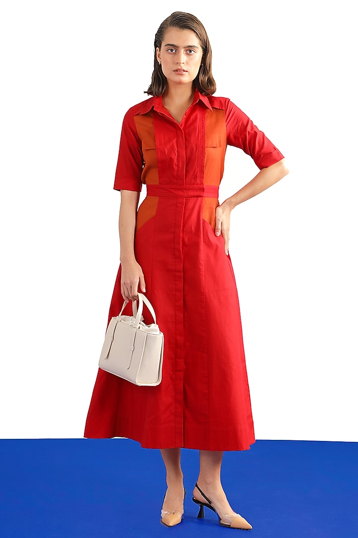 Red & Orange Cotton Poplin Midi Shirt Dress by Notebook at Pernia's Pop Up Shop