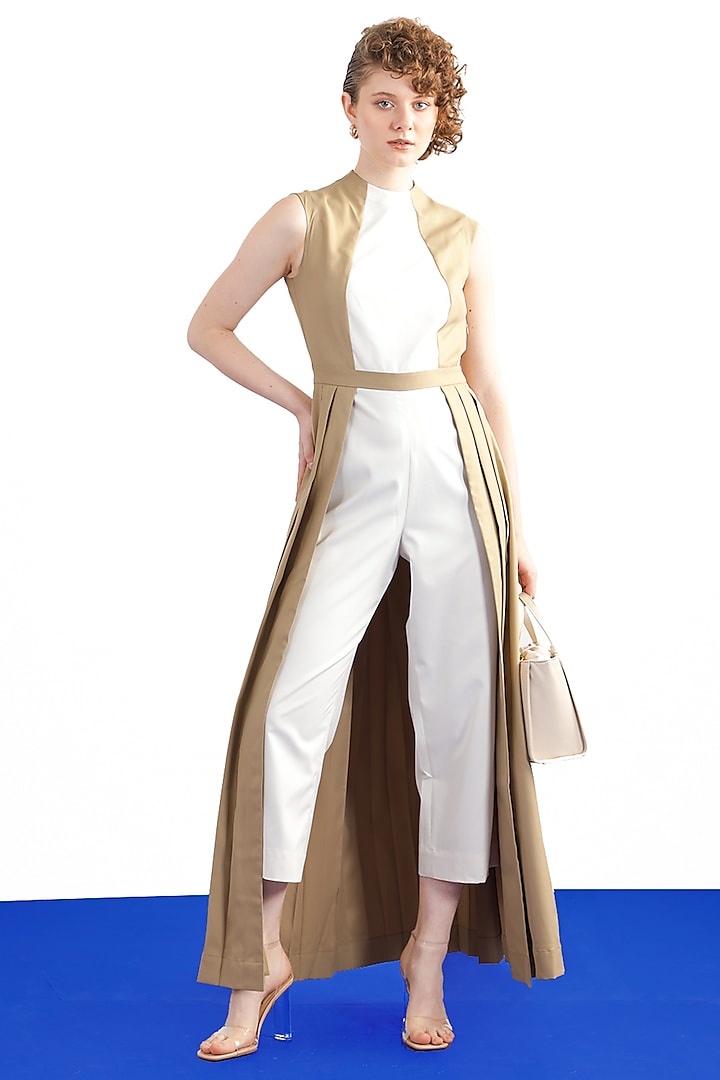 Ivory & Beige Terry Rayon Pleated Jumpsuit by Notebook