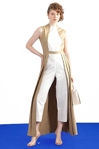 Ivory & Beige Terry Rayon Pleated Jumpsuit by Notebook