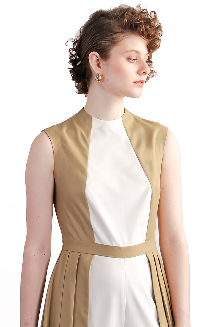 Ivory & Beige Terry Rayon Pleated Jumpsuit by Notebook at Pernia's Pop Up Shop