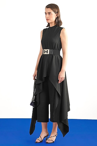 Black Terry Rayon Asymmetrical Jumpsuit by Notebook