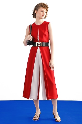 Red & ivory Terry Rayon Embellished Jumpsuit by Notebook