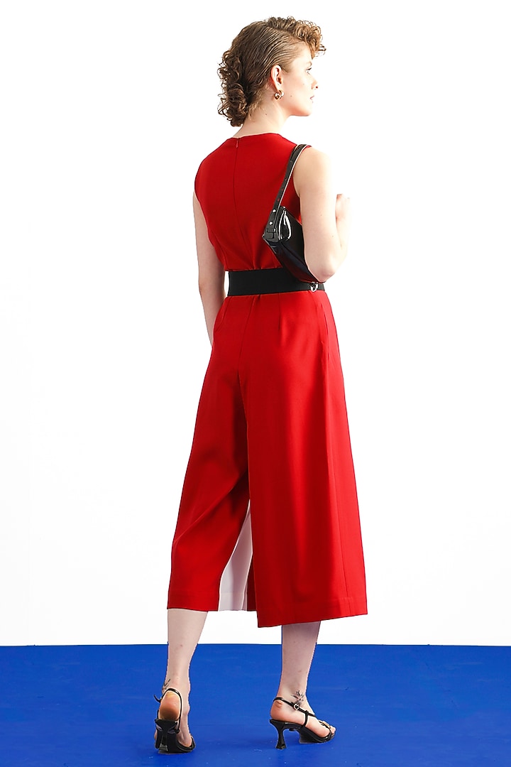 Red & ivory Terry Rayon Embellished Jumpsuit by Notebook at Pernia's Pop Up Shop