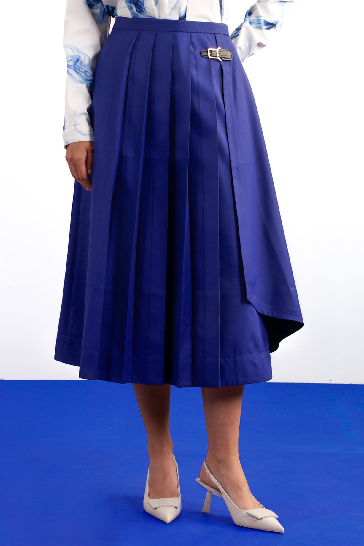 Electric Blue Terry Rayon Pleated Midi Skirt by Notebook at