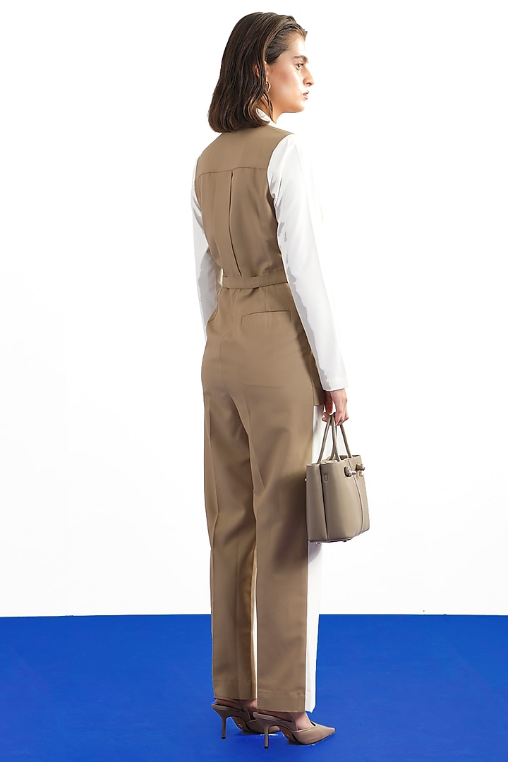 White & Beige Terry Rayon Color-Blocked Jumpsuit by Notebook at Pernia's Pop Up Shop