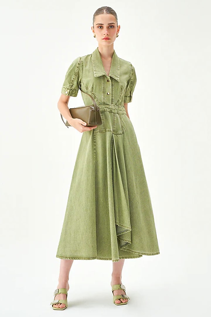Green Cotton A-Line Midi Vacation Dress by Notebook at Pernia's Pop Up Shop
