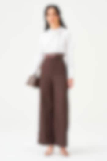 White & Brown Polyester High-Waisted Jumpsuit by Notebook at Pernia's Pop Up Shop