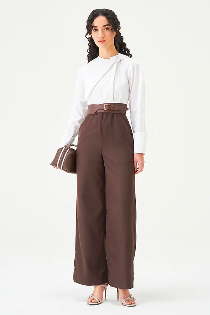 White & Brown Polyester High-Waisted Jumpsuit by Notebook at Pernia's Pop Up Shop
