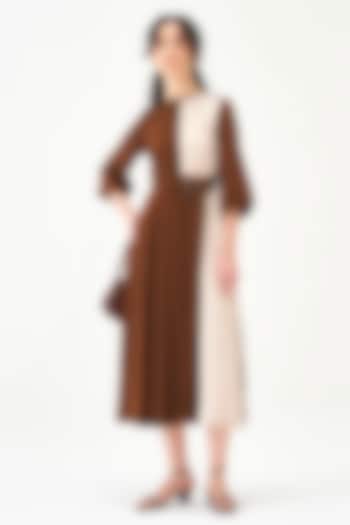 Beige & Brown Polyester Pleated Midi Summer Dress by Notebook at Pernia's Pop Up Shop