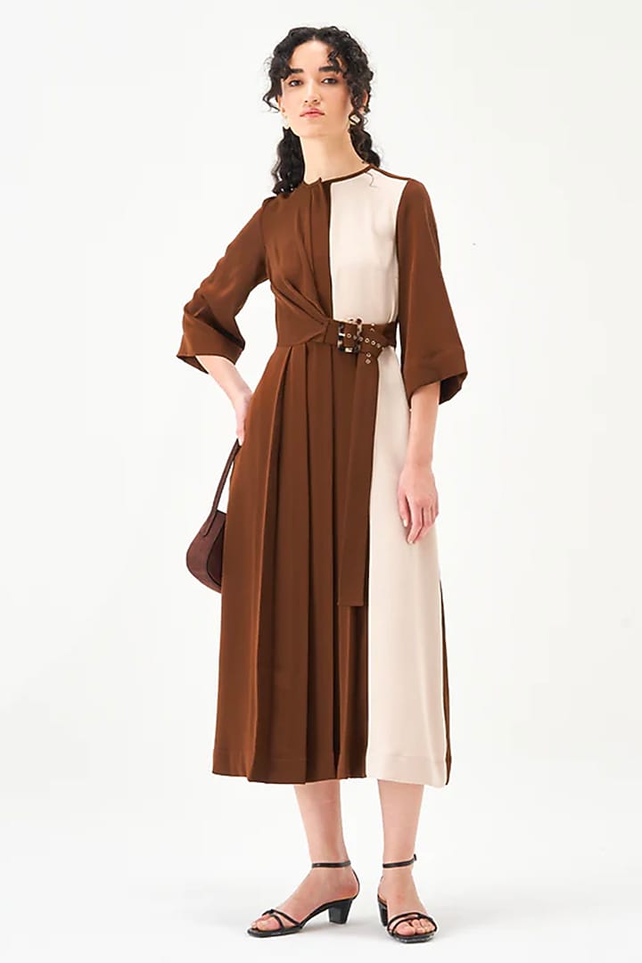 Beige & Brown Polyester Pleated Midi Summer Dress by Notebook at Pernia's Pop Up Shop