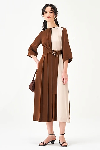 Beige & Brown Polyester Pleated Midi Dress by Notebook