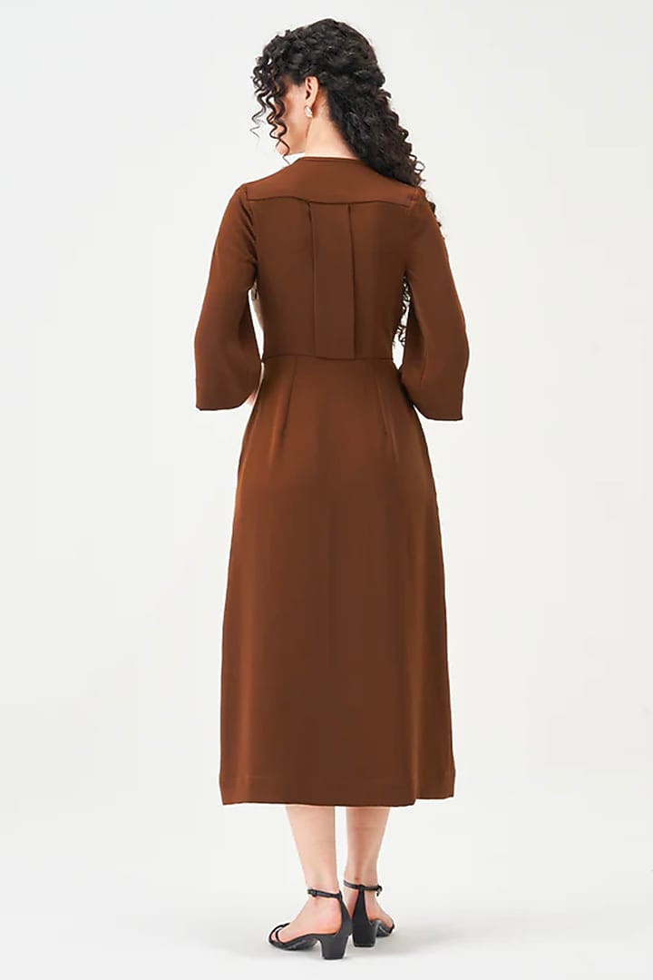 Beige & Brown Polyester Pleated Midi Summer Dress by Notebook at Pernia's Pop Up Shop