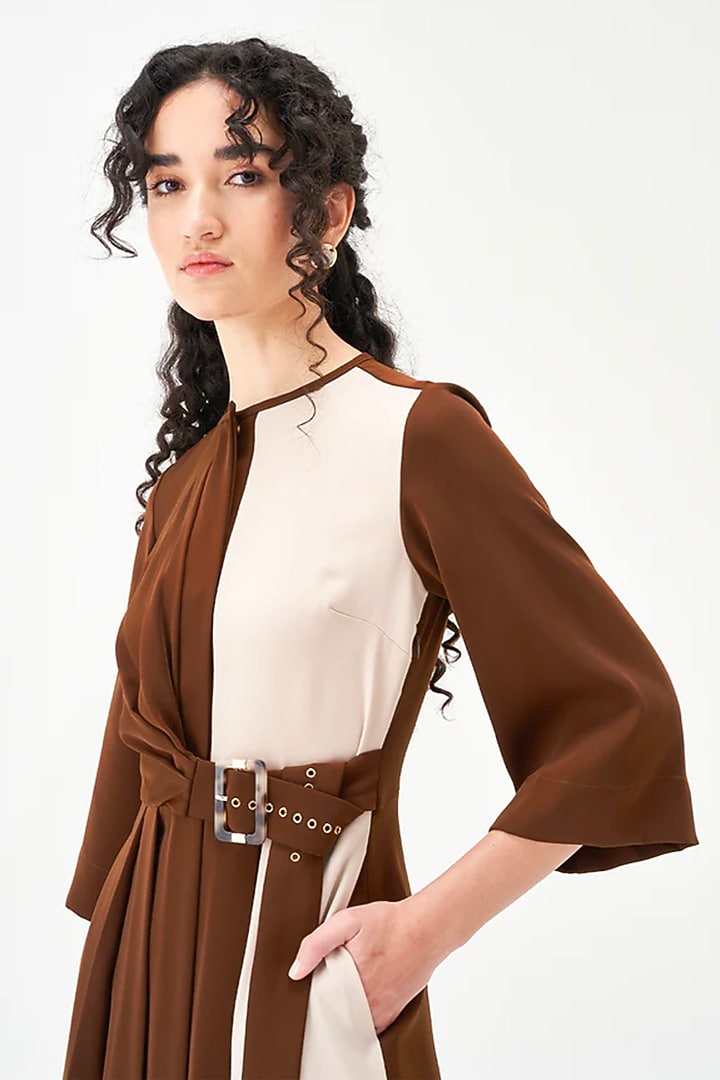 Beige & Brown Polyester Pleated Midi Summer Dress by Notebook at Pernia's Pop Up Shop