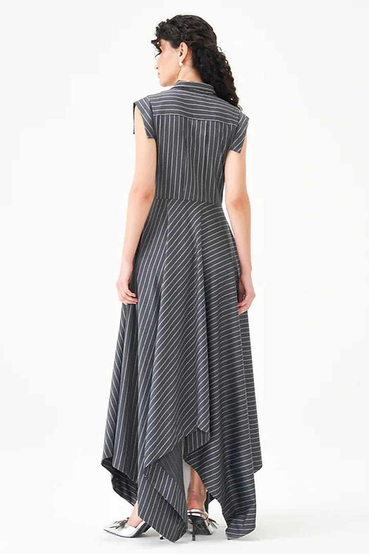 Grey Polyester Pinstriped Maxi Vacation Dress by Notebook at Pernia's Pop Up Shop
