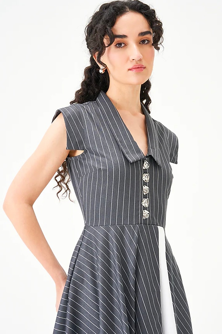 Grey Polyester Pinstriped Maxi Vacation Dress by Notebook at Pernia's Pop Up Shop